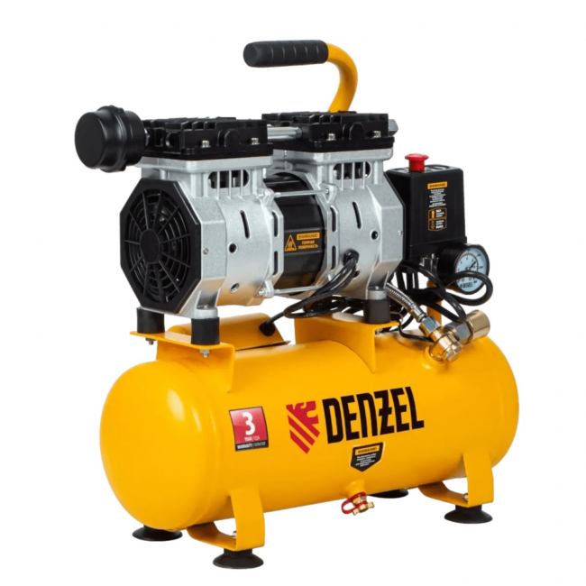 Компрессор безмасляный малошумный   Denzel DLS650/10 (650 Вт, 120 л/мин,ресивер 10 л) арт.58021